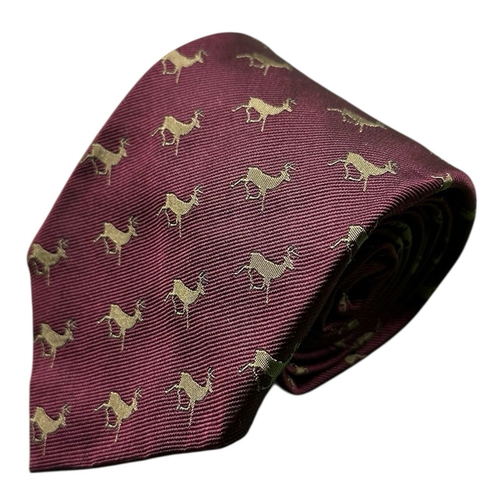 Polo Ralph Lauren VTG Maroon Brown Reindeer Silk AOP Tie 3.75 Width Italy